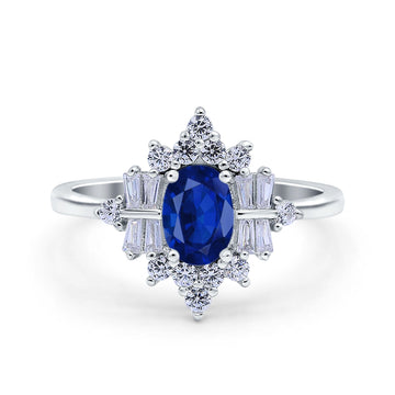 Oval Cut Halo Vintage Wedding Ring Simulated Blue Sapphire CZ 925 Sterling Silver